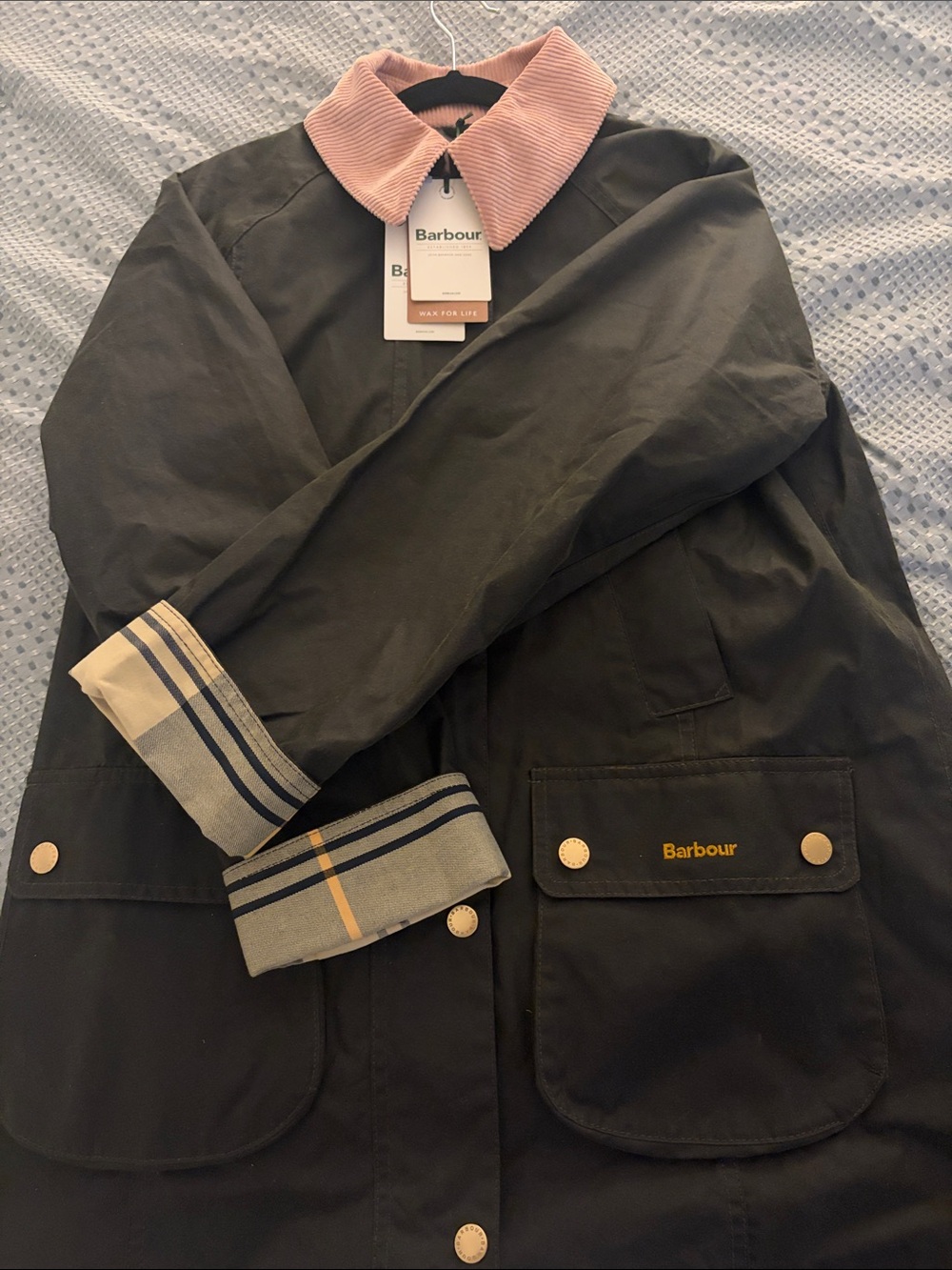 Barbour Modern Beadnell Dark Olive Jacket with Pink Corduroy Collar - NWT